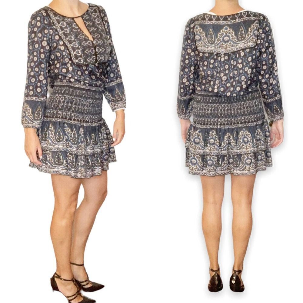 Veronica Beard Makai Printed Silk Smocked Long Sleeve Boho Mini Dress Women’s 10
